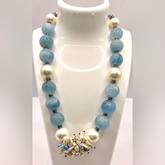 Gorgeous Aquamarine Beaded Necklace Fresh Water Pearls Crystal Spacers 925 - Picture 5 of 11